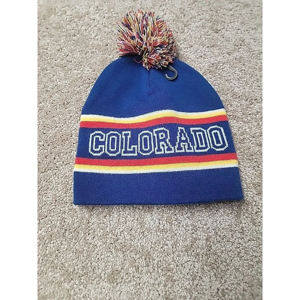 COLORADO‎ Beanie Cap Knit Toboggan Pom Pom Puff Purple Pink White Striped Winter